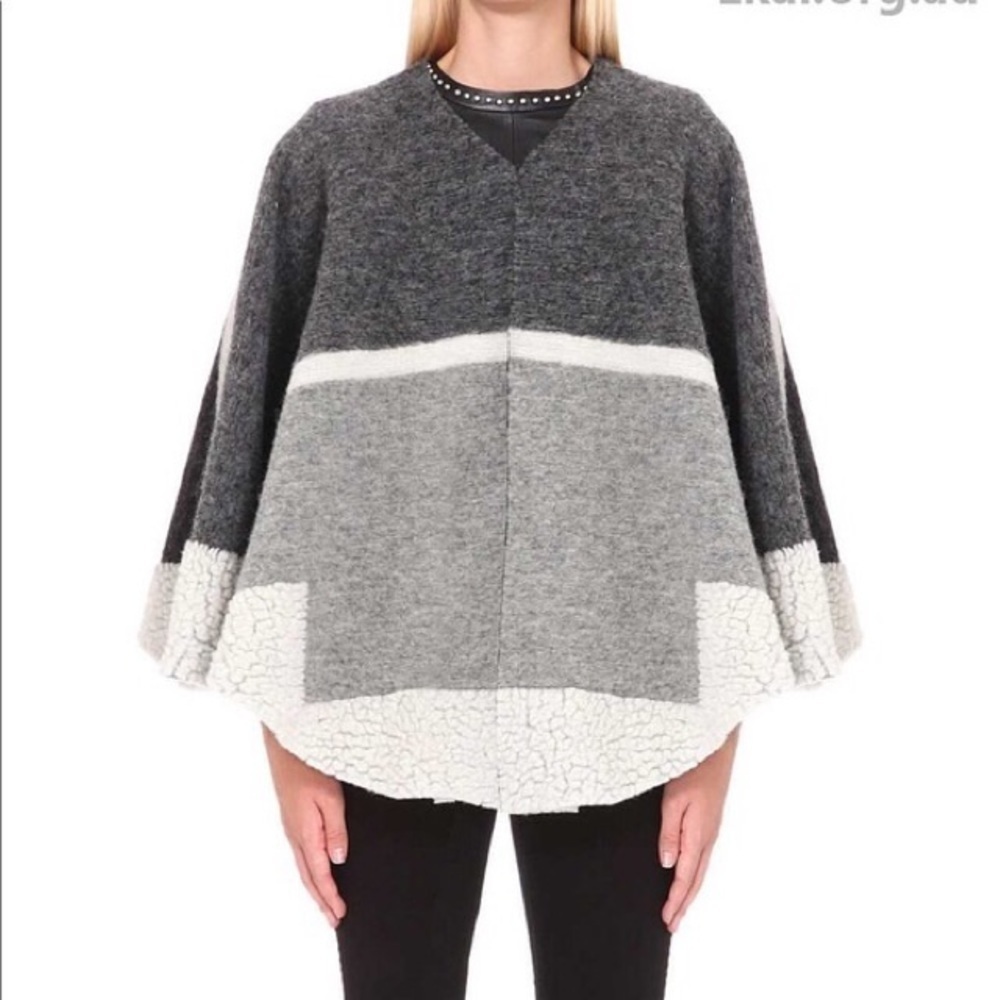 Maje Woven Gray Color Block Panel Wool Blend Womens Poncho One Size H17VITAMINE